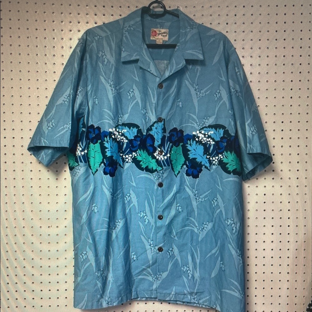 Hilo Hattie Sky Blue Hawaiian Shirt with Navy & Teal Floral Band